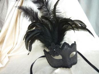 masque loup noir avec plumes noir, gallon, décoration en glitter