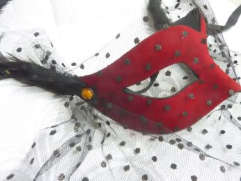 masque loup en papier recouvert de velours rouge, voilette et plumes noir